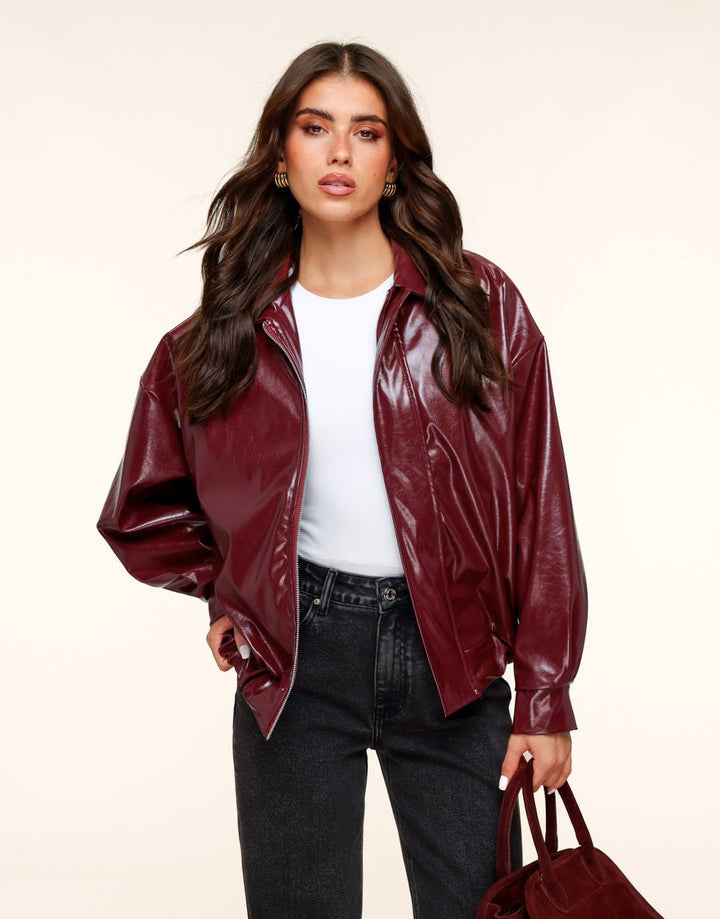 Burgundy Shiny PU Leather Bomber Jacket