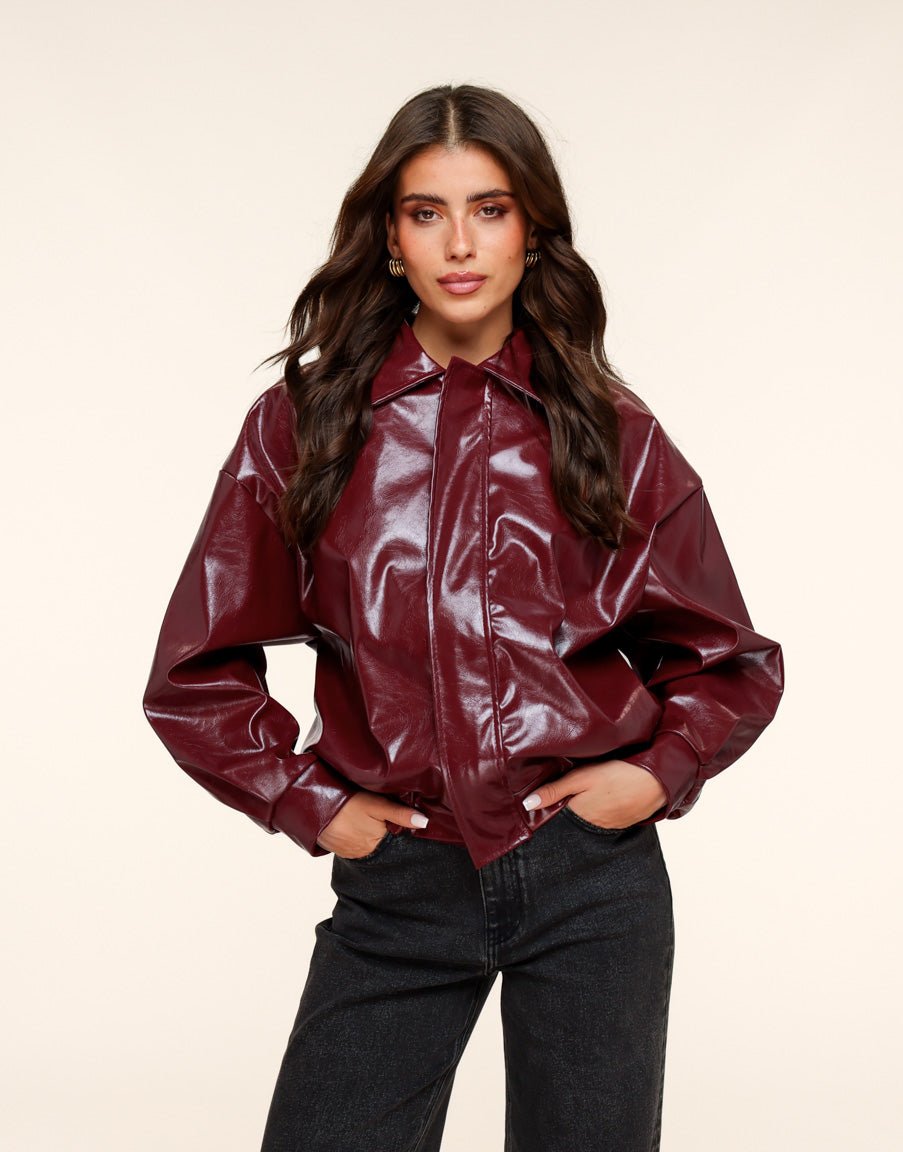 Burgundy Shiny PU Leather Bomber Jacket