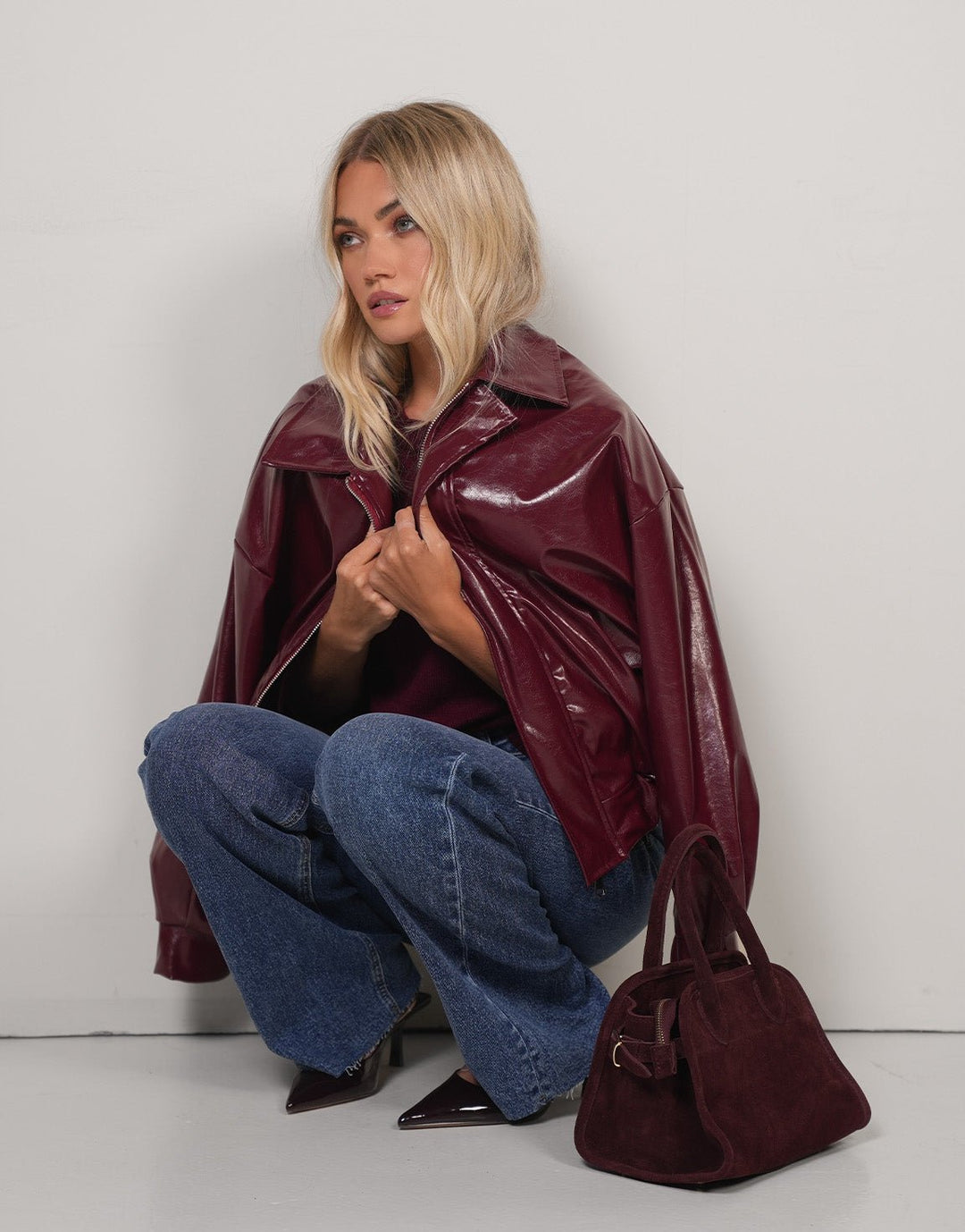 Burgundy Shiny PU Leather Bomber Jacket