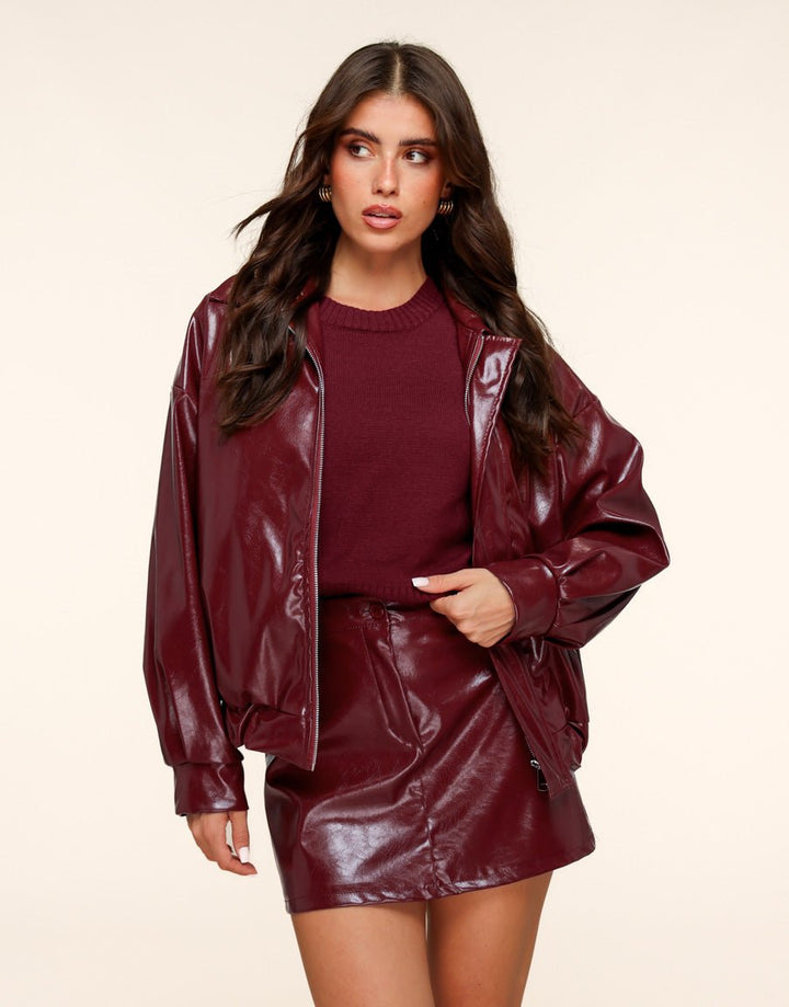 Burgundy Shiny PU Leather Bomber Jacket