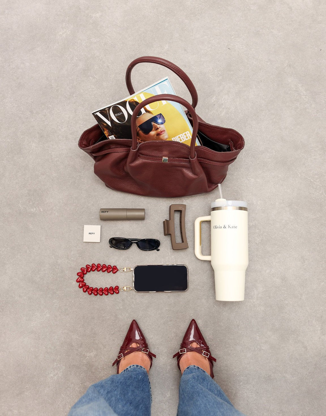 Burgundy  Large Leather Shopper - Bag