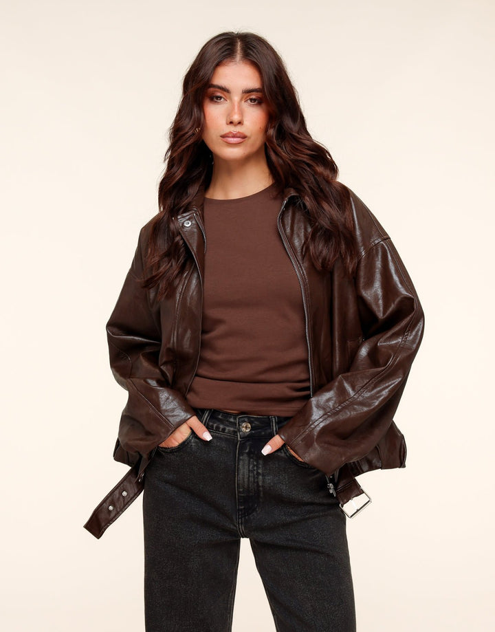 Coffee PU Leather Biker Jacket