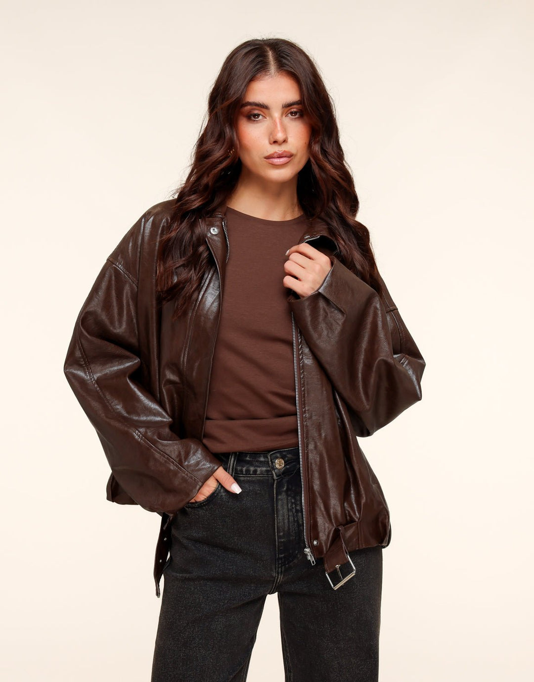 Coffee PU Leather Biker Jacket