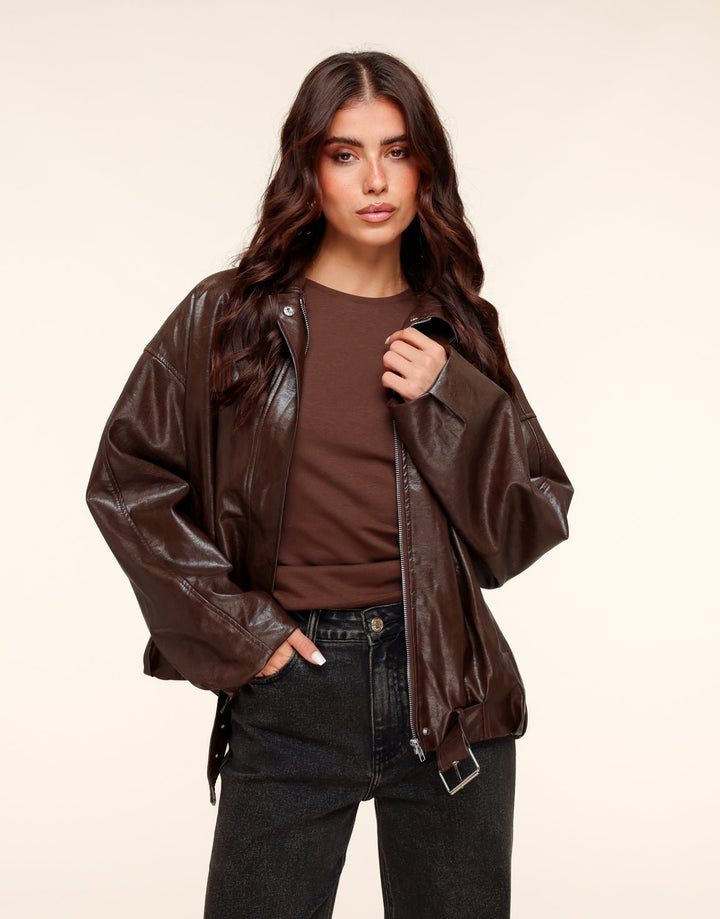 Coffee PU Leather Biker Jacket