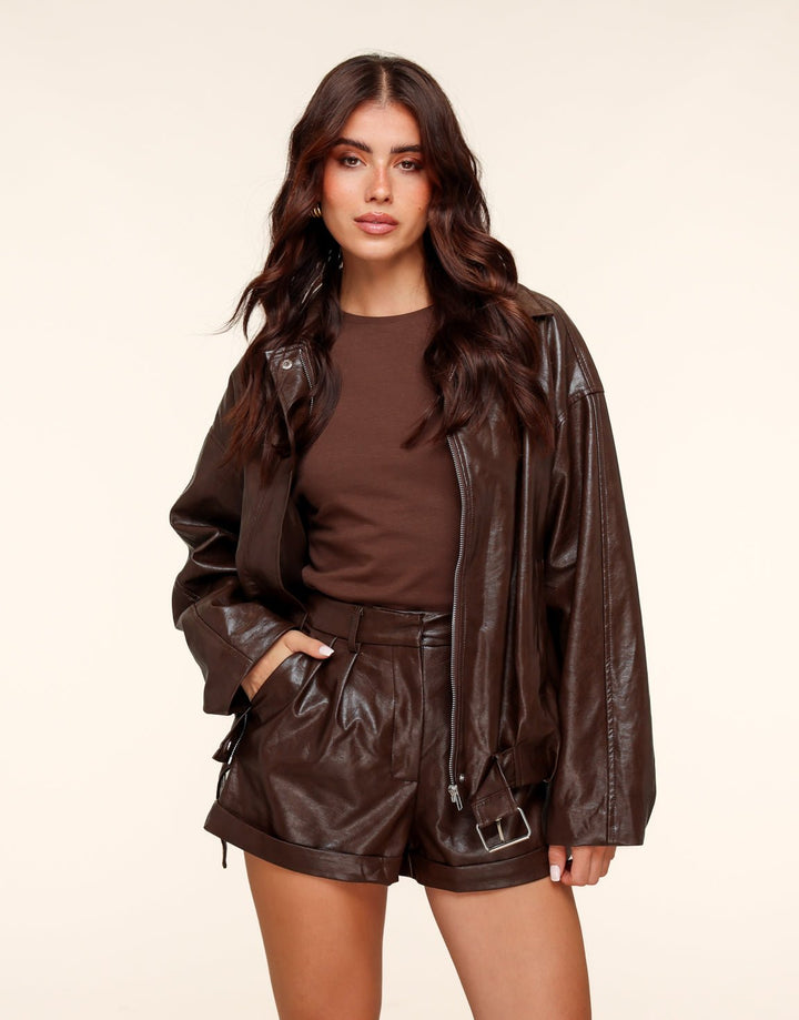 Coffee PU Leather Biker Jacket