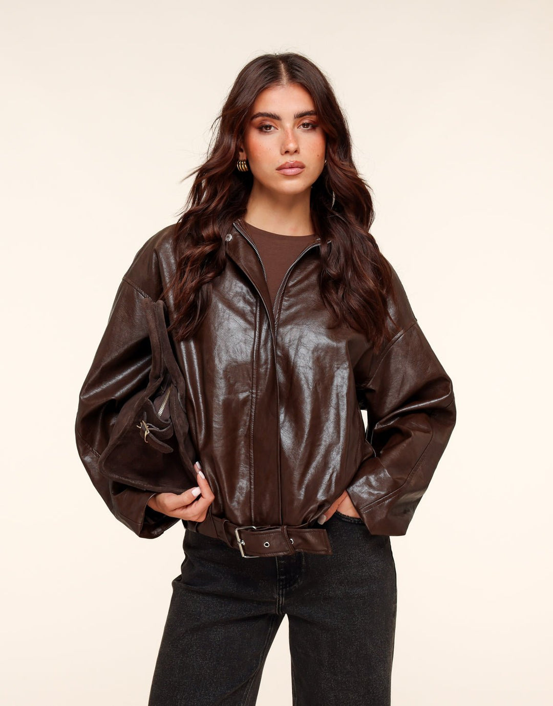 Coffee PU Leather Biker Jacket
