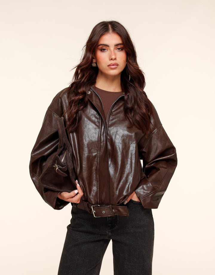 Coffee PU Leather Biker Jacket