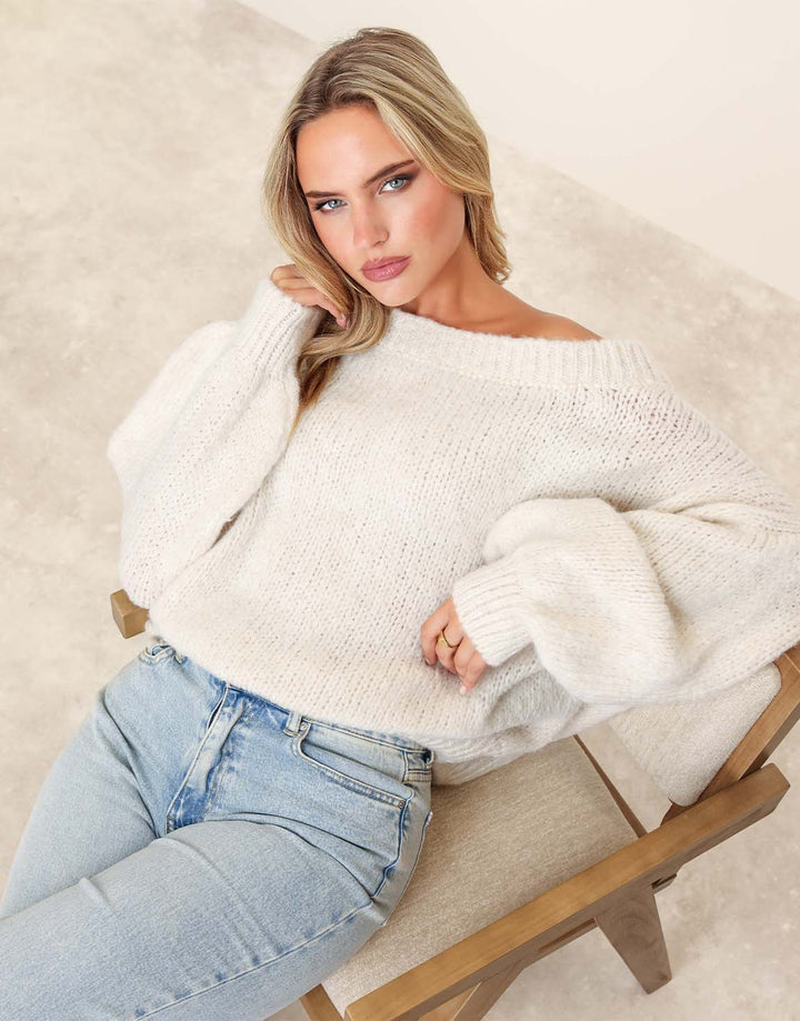 Cream Knitted Wool Off-Shoulder Sweater