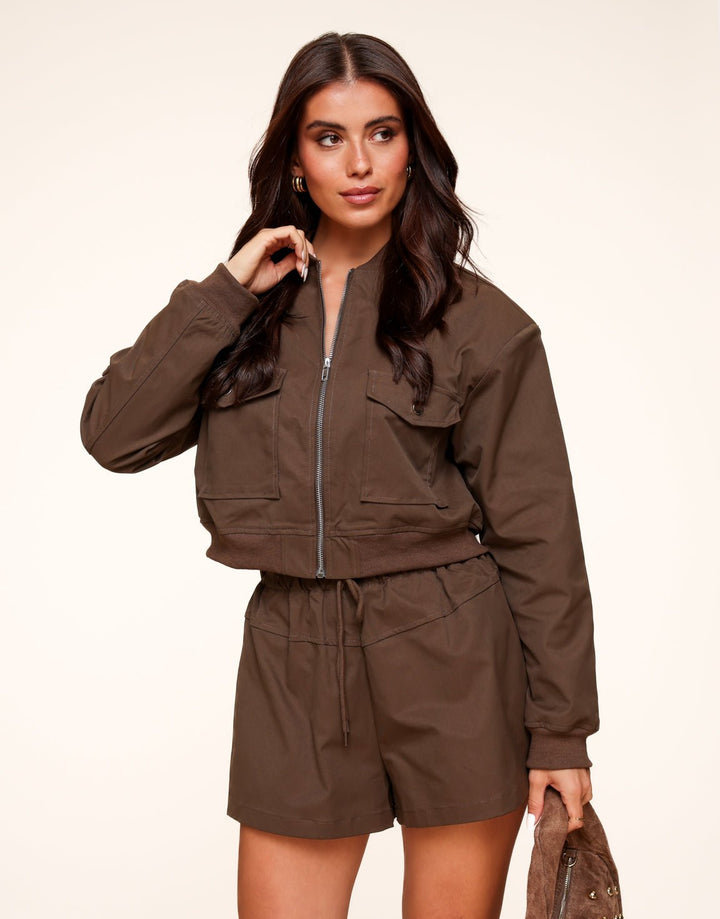 Dark Brown Bomber Cropped - Jacket