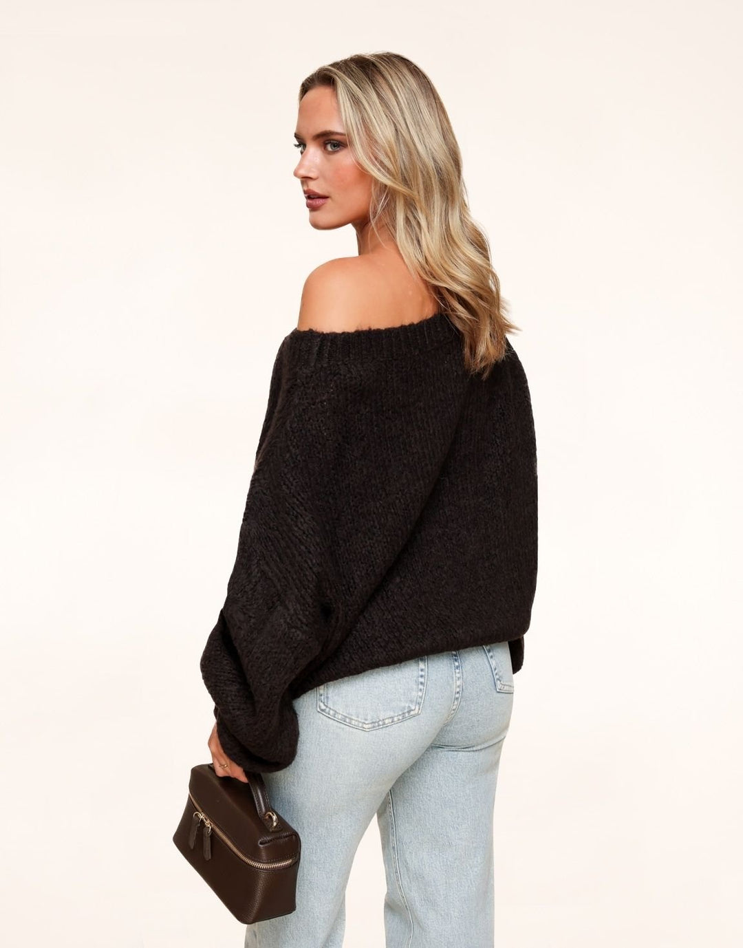 Dark Brown Knitted Wool Off-Shoulder Sweater