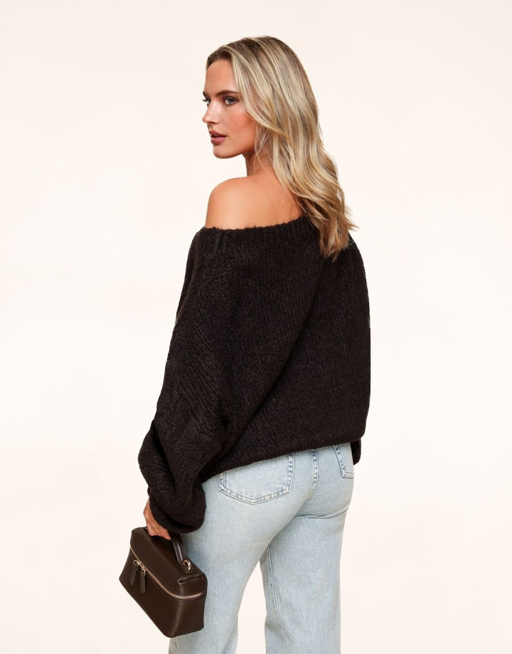 Dark Brown Knitted Wool Off-Shoulder Sweater