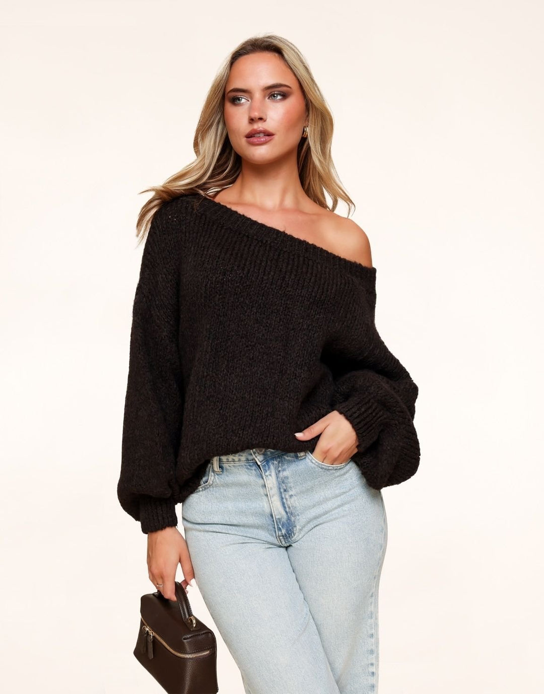 Dark Brown Knitted Wool Off-Shoulder Sweater