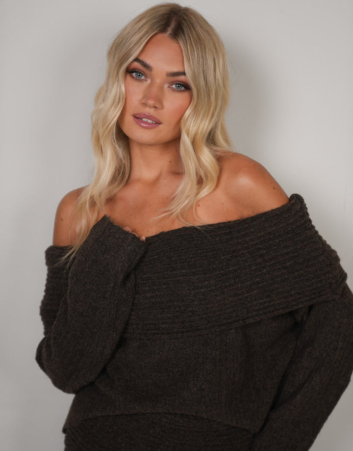 Dark Brown Chunky Knitted Off Shoulder Sweater