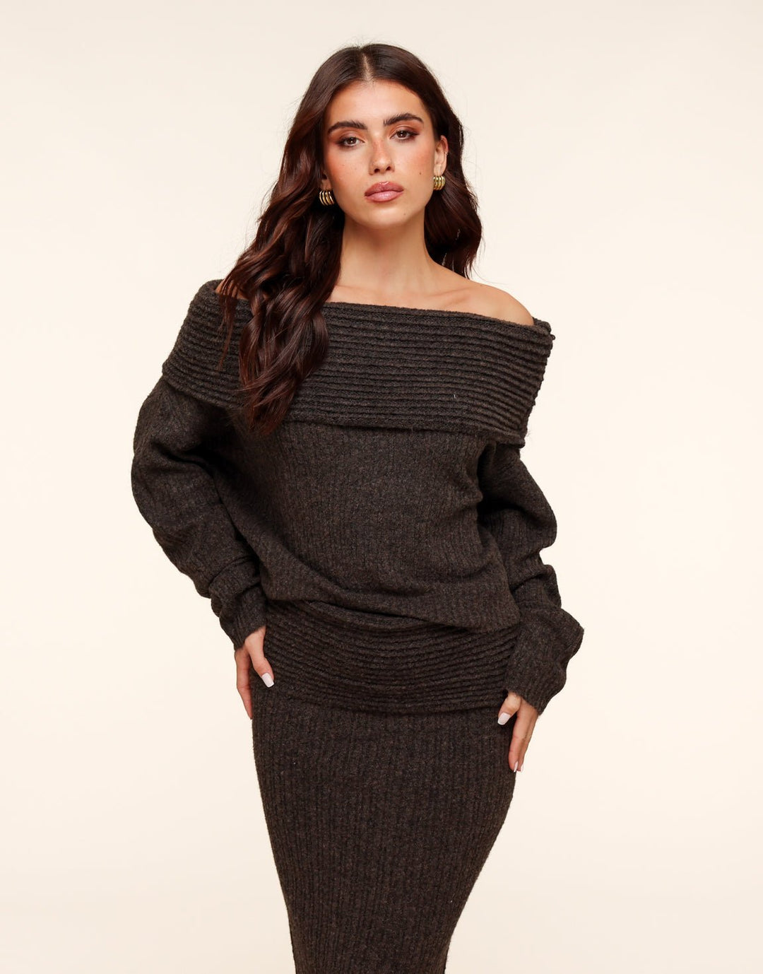 Dark Brown Chunky Knitted Off Shoulder Sweater