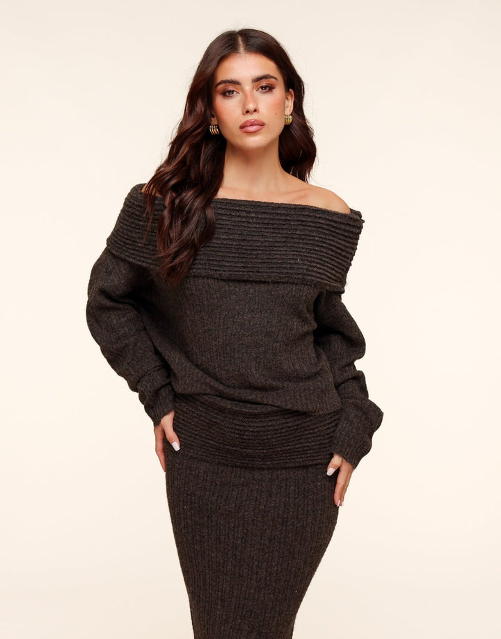 Dark Brown Chunky Knitted Off Shoulder Sweater