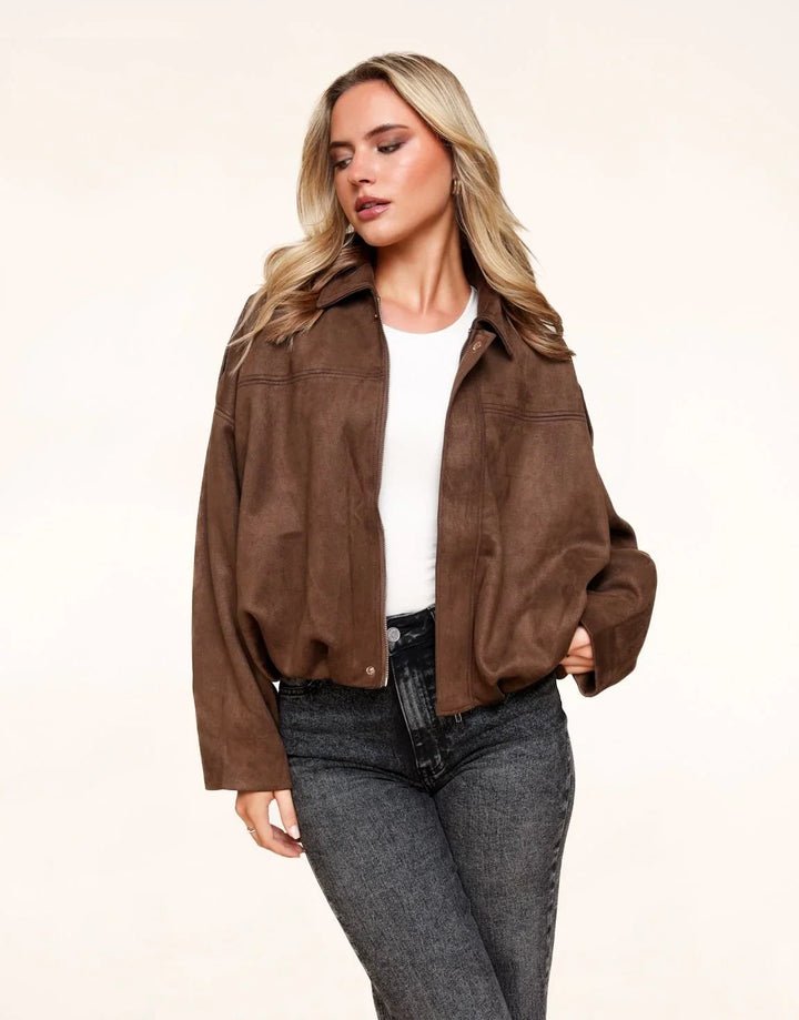 Dark Brown Suede Bomber Jacket