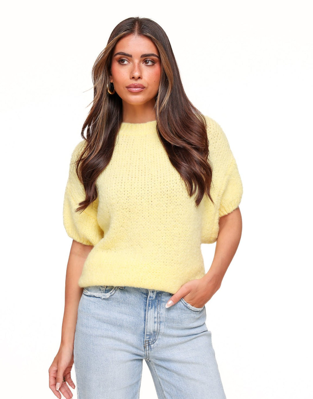 Yellow Knitted Wool 3/4 Sleeves - Sweater