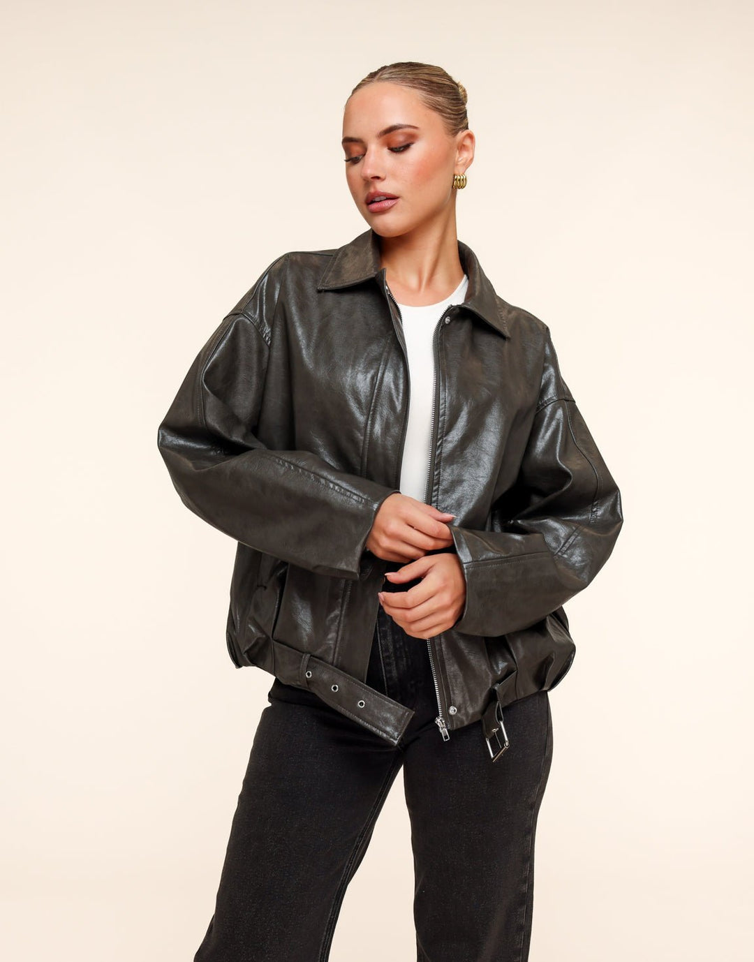 Khaki PU leather Biker - Jacket