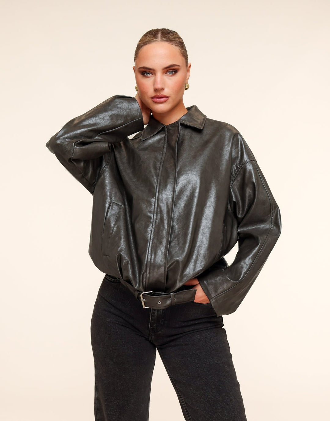 Khaki PU leather Biker - Jacket