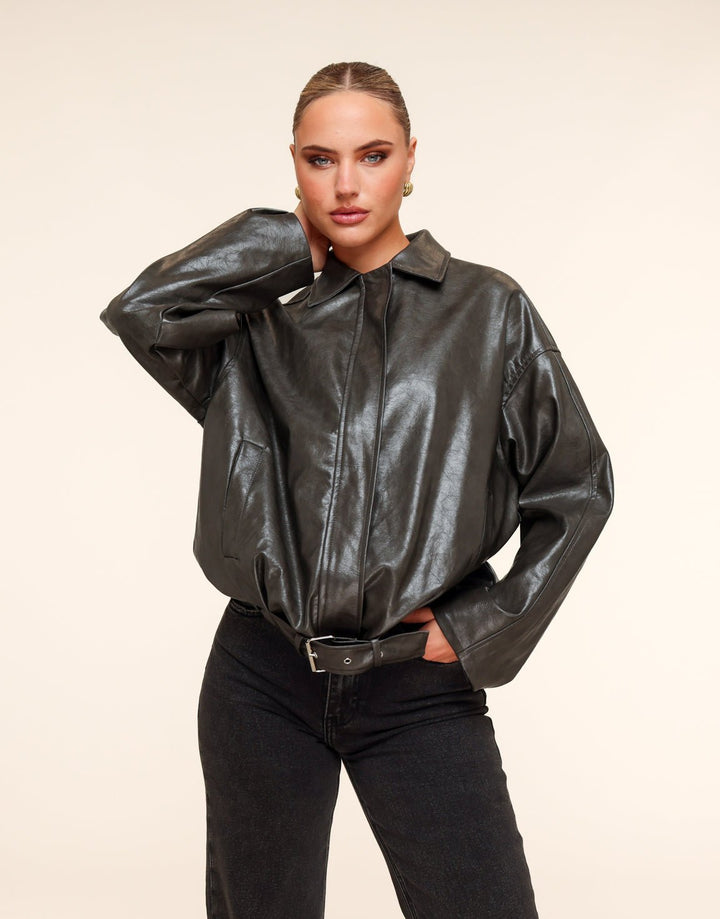 Khaki PU leather Biker - Jacket