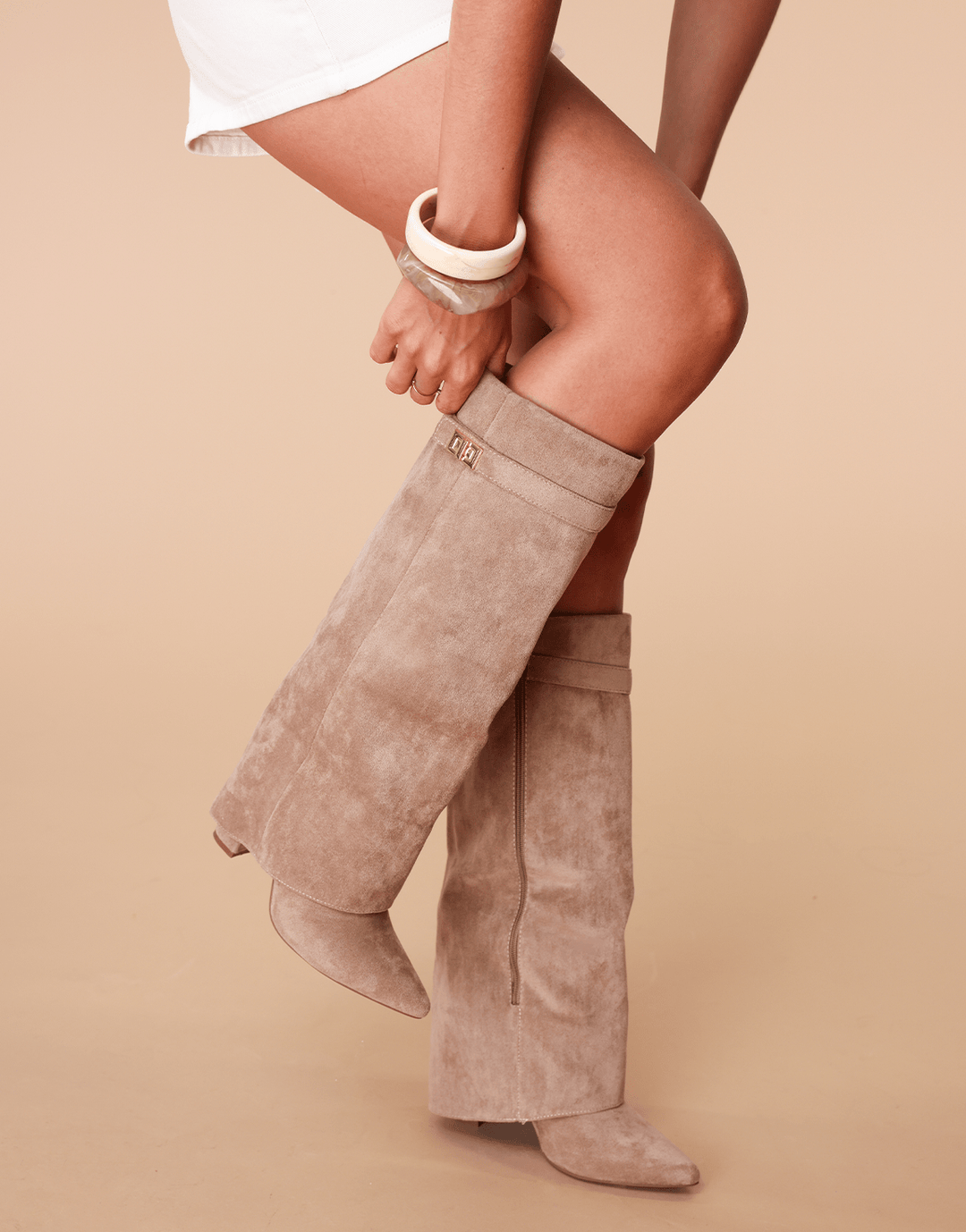 Khaki Suede High Overlap Heel - Boots