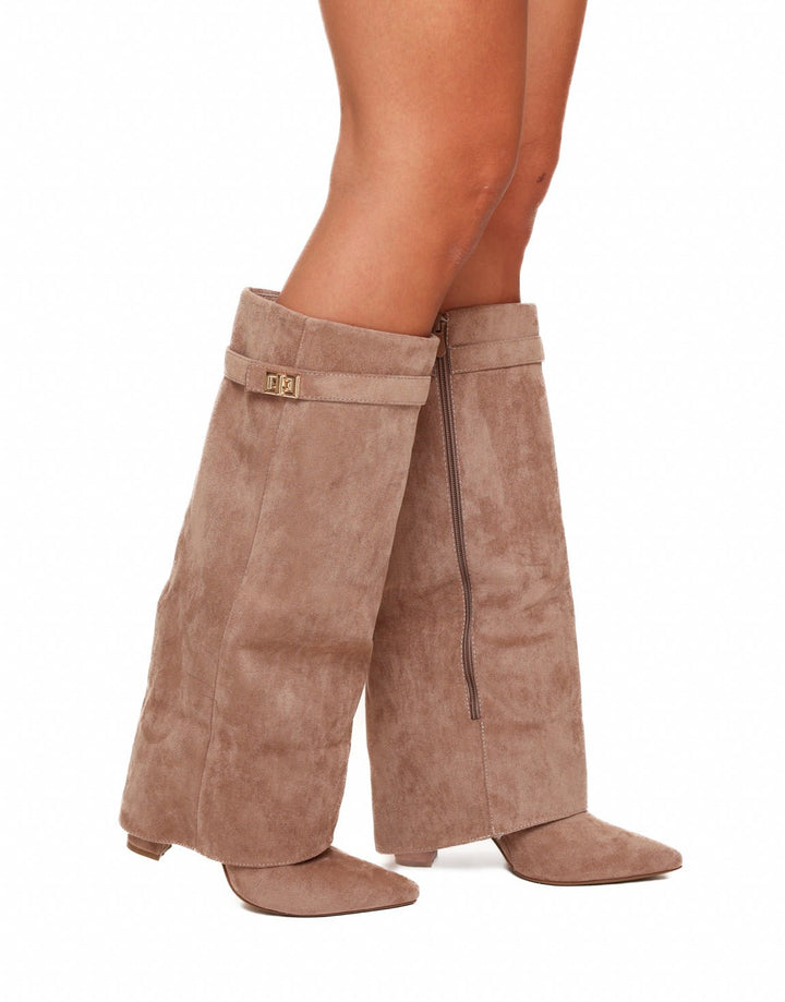 Khaki Suede High Overlap Heel - Boots