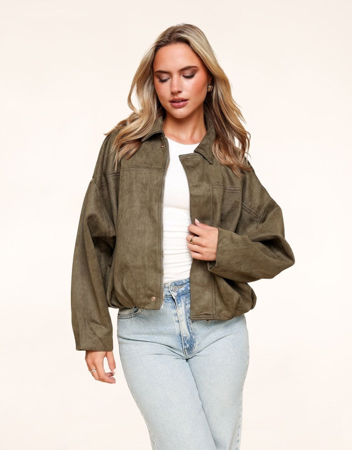 Khaki Suede Wide Bomber Jacket