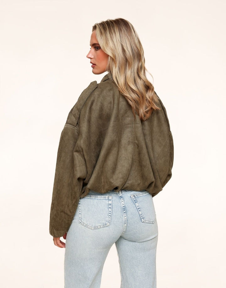 Khaki Suede Wide Bomber Jacket