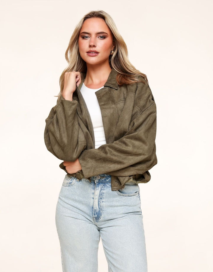 Khaki Suede Wide Bomber Jacket