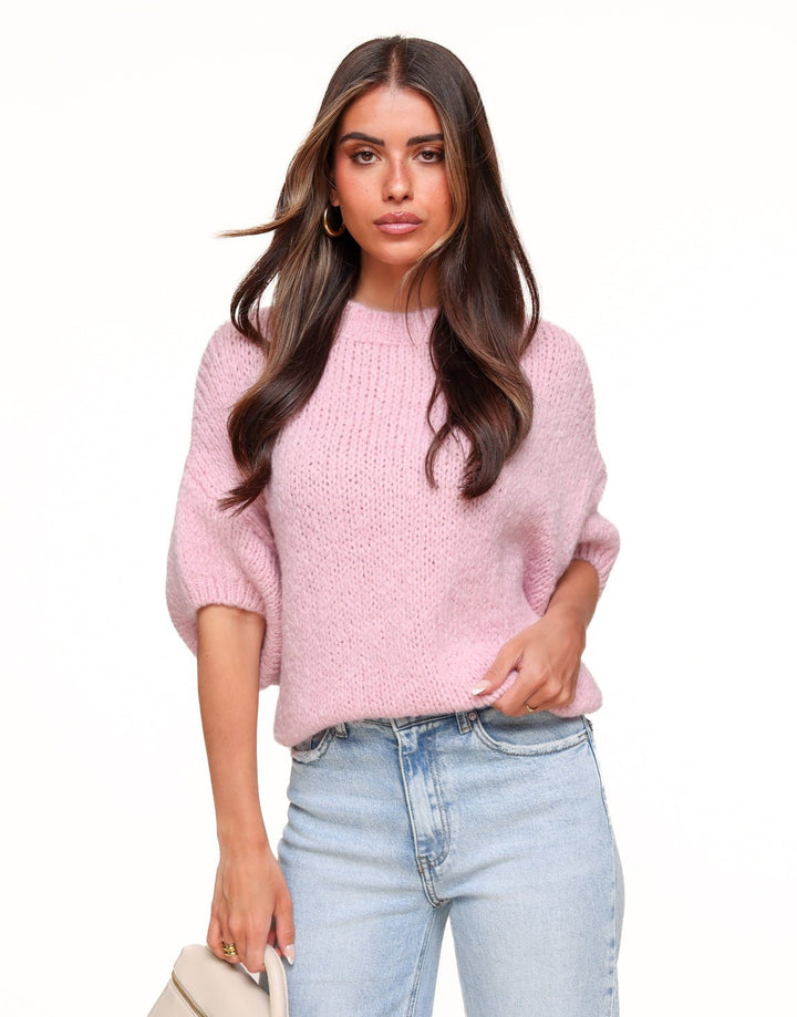 Light Pink Knitted Wool 3/4 Sleeves - Sweater