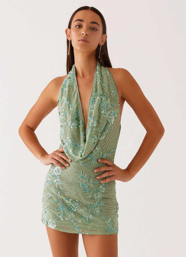 Maeve - Cowl Beaded Mini Dress
