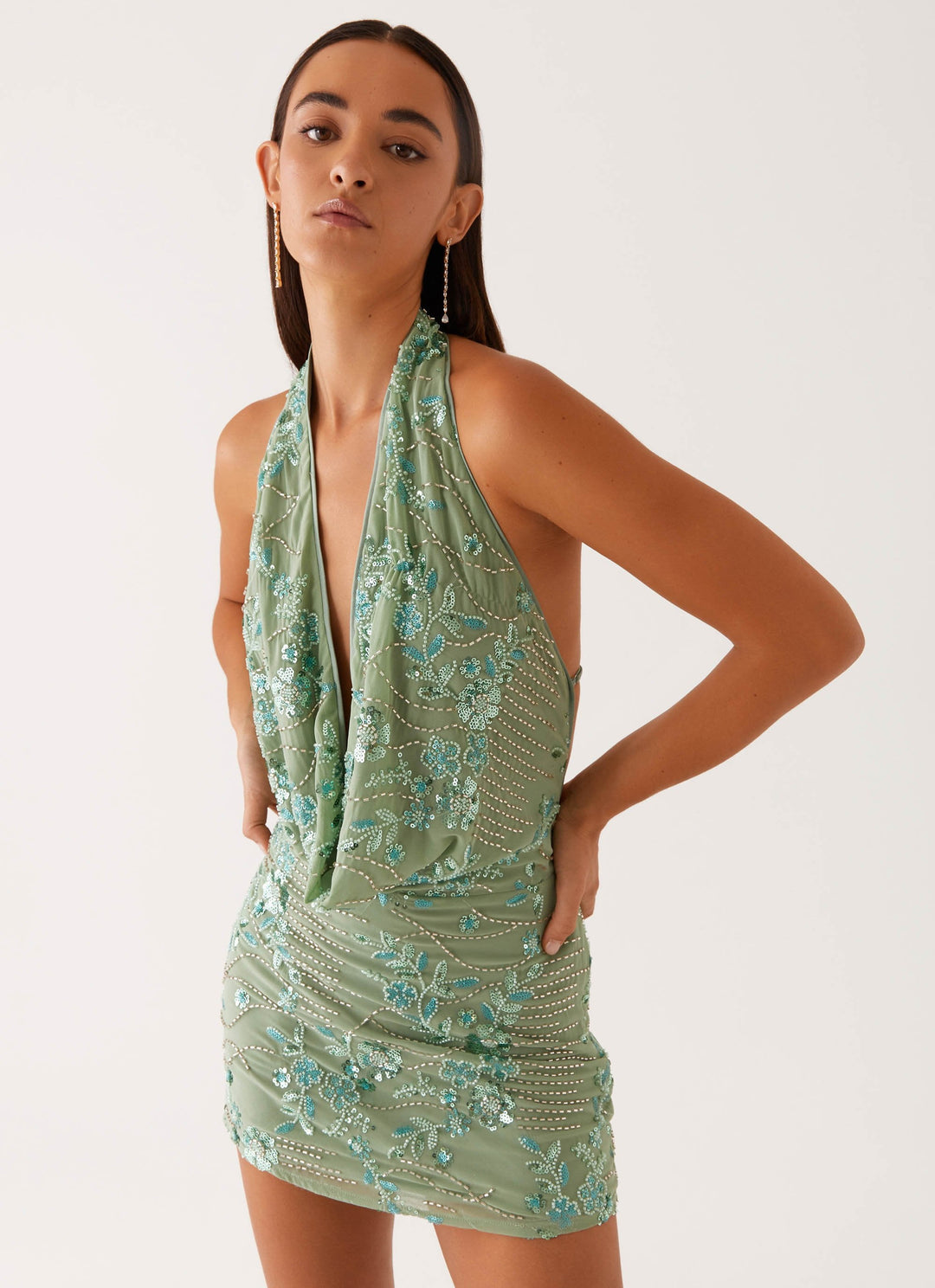 Maeve - Cowl Beaded Mini Dress