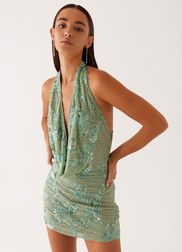Maeve - Cowl Beaded Mini Dress