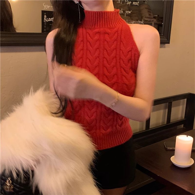 Women's Sleeveless Knit Top - High Neck - Chic Cable Pattern