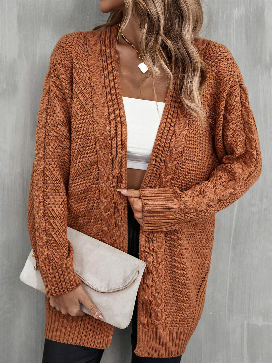 Brown Willow Breeze Cable Knit Cardigan