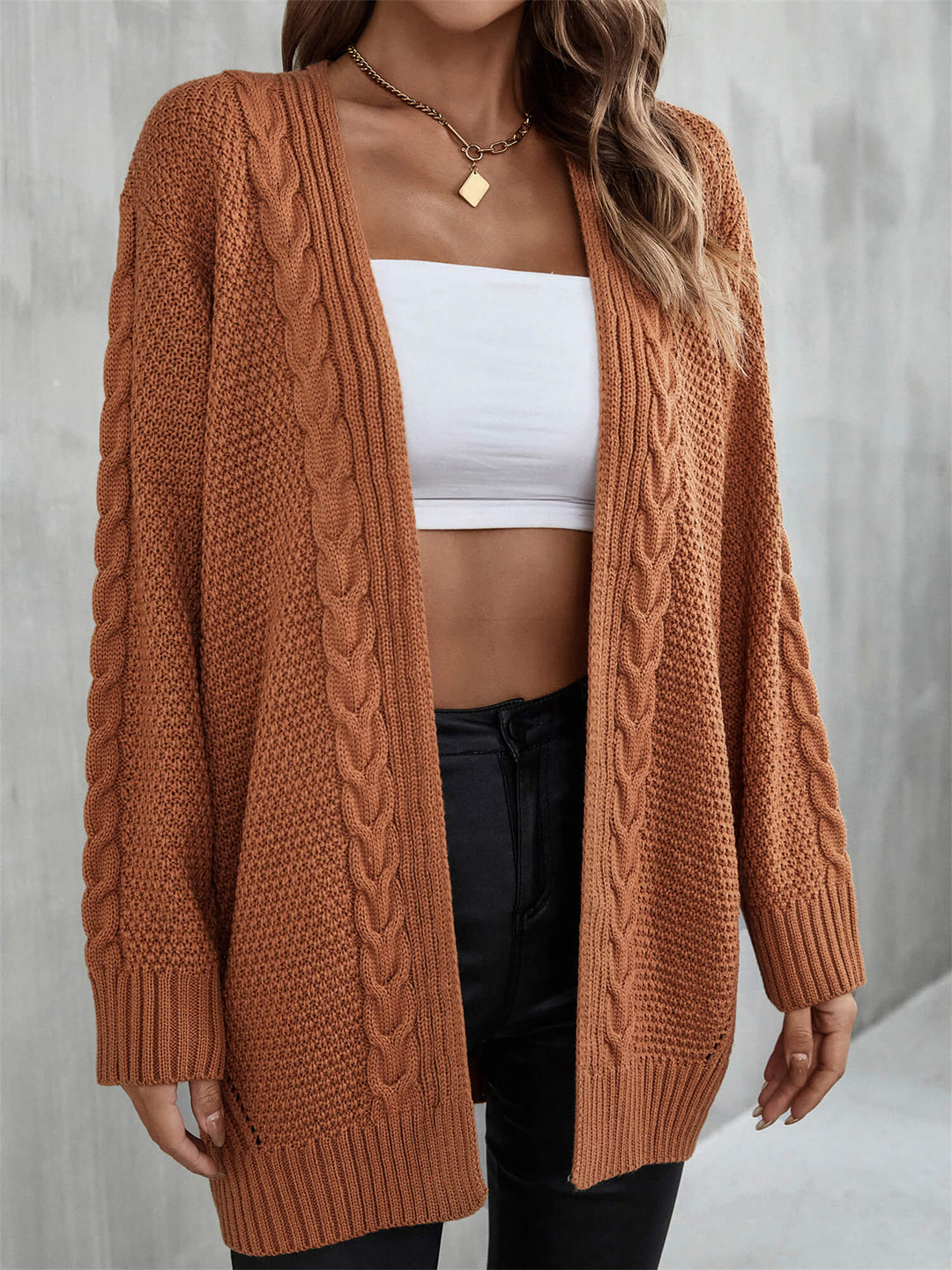 Brown Willow Breeze Cable Knit Cardigan