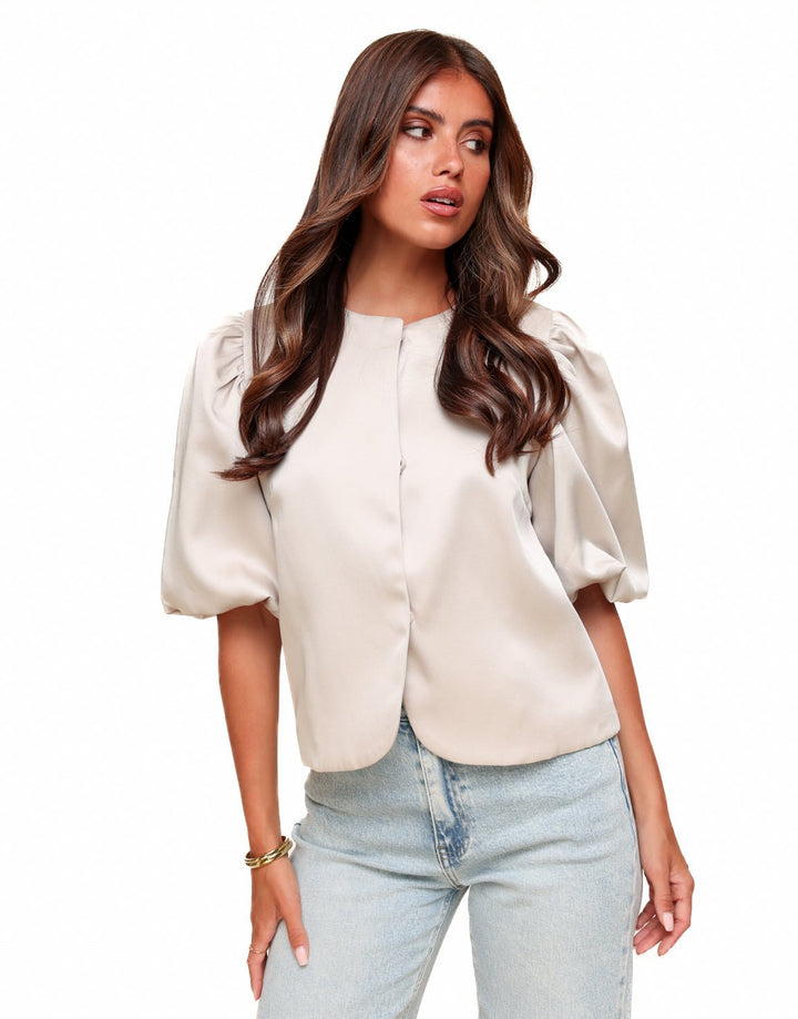 Taupe Satin Puff Sleeves - Top