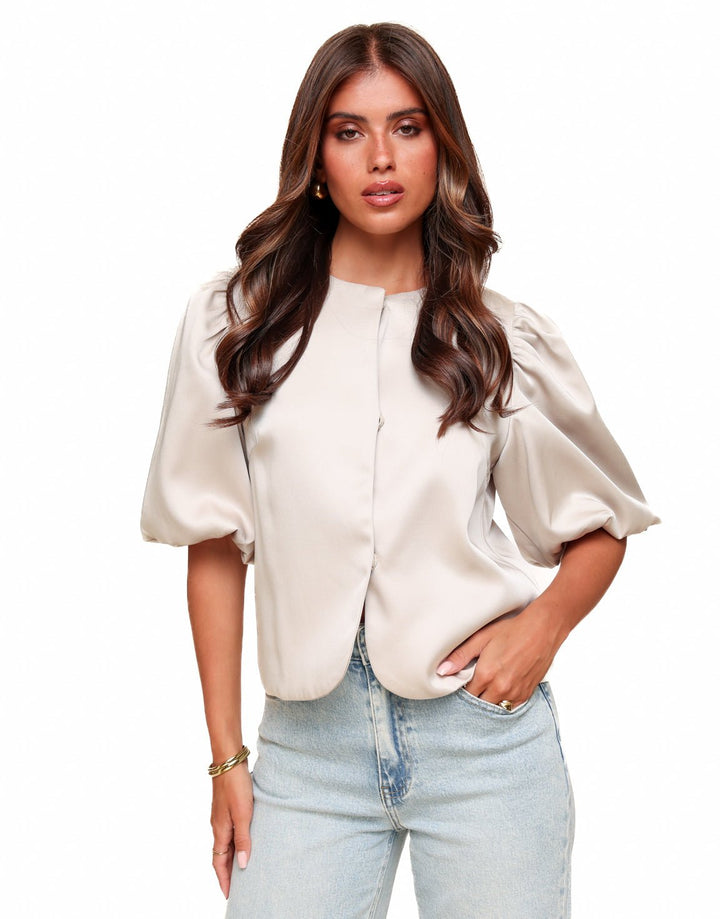 Taupe Satin Puff Sleeves - Top