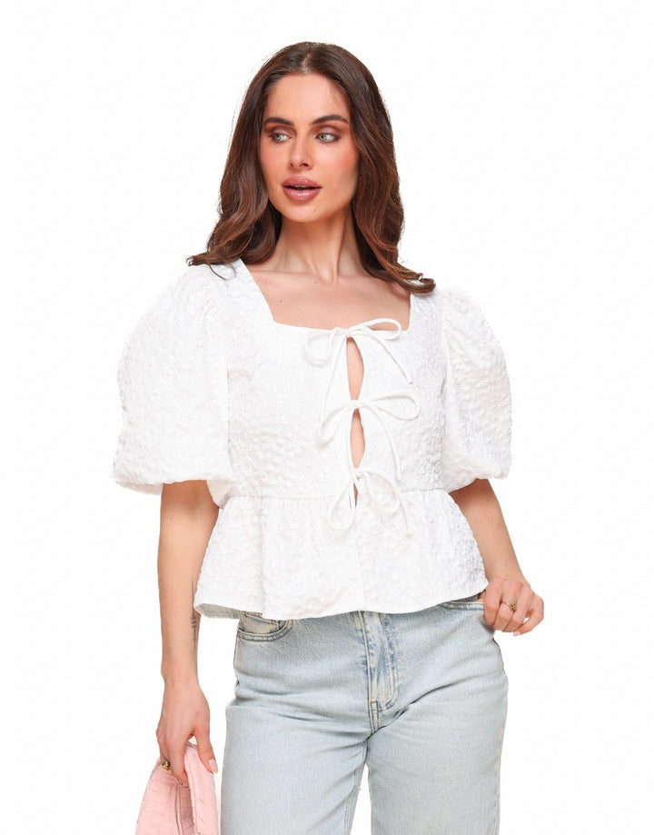 White Flowers Bows Puff Sleeves SS - Top
