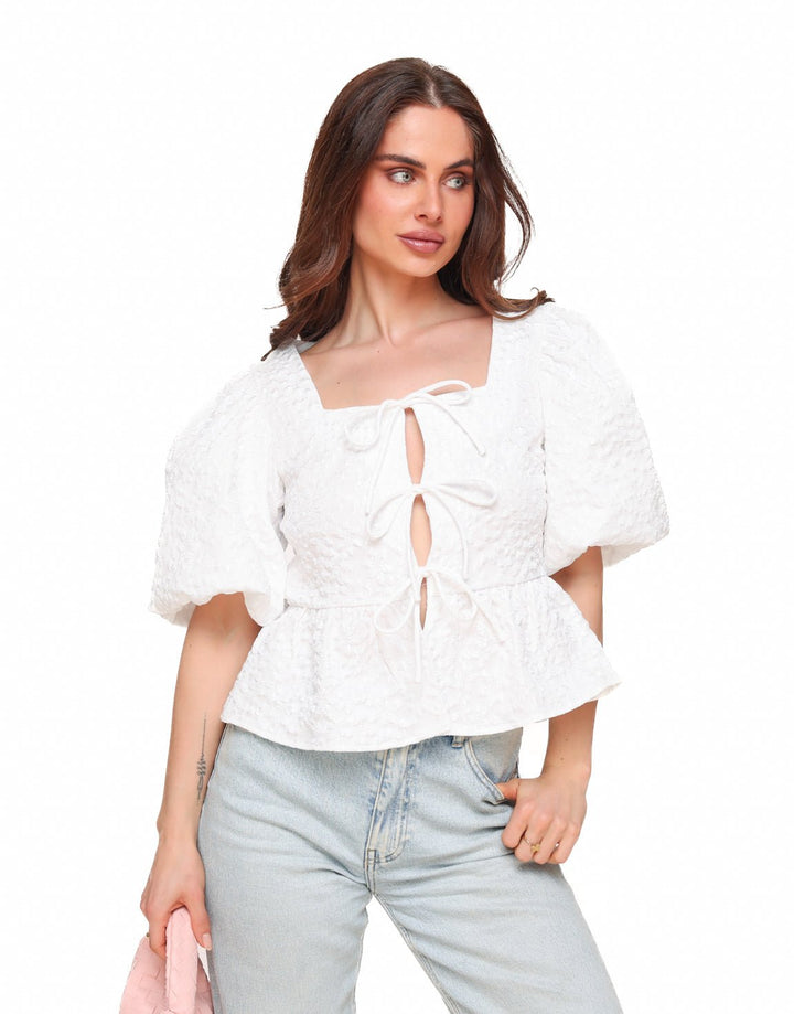 White Flowers Bows Puff Sleeves SS - Top