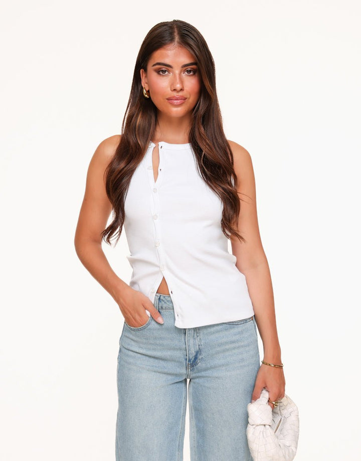 White Sleeveless Buttons - Top