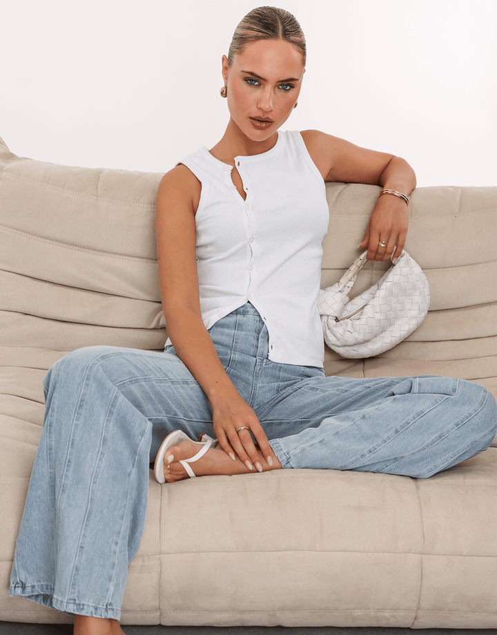 White Sleeveless Buttons - Top