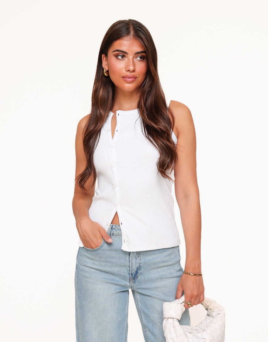 White Sleeveless Buttons - Top