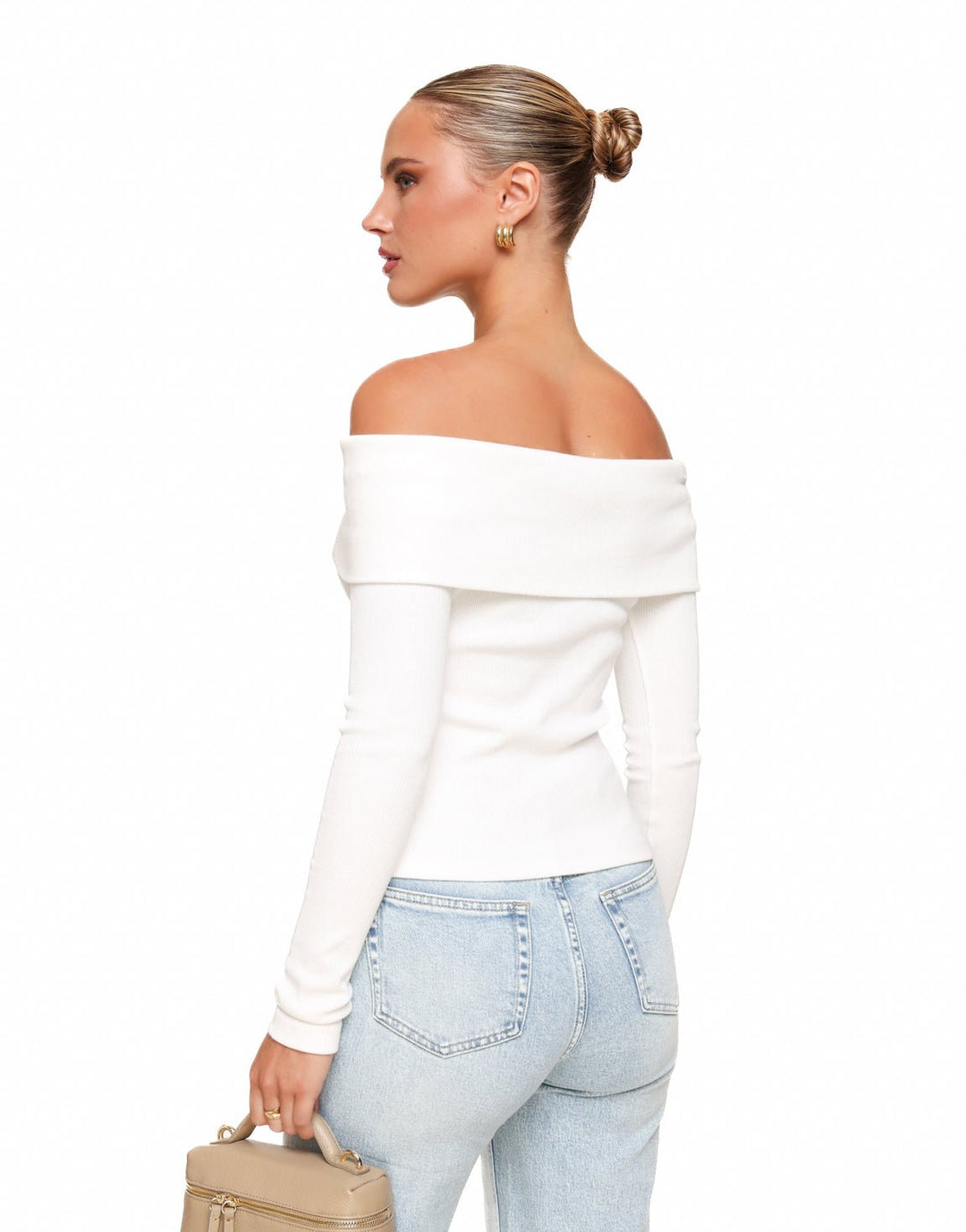 White Off Shoulder Buttons LS - Top