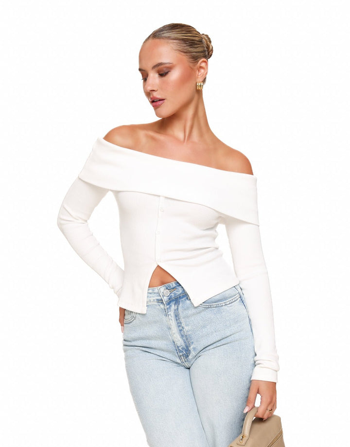 White Off Shoulder Buttons LS - Top