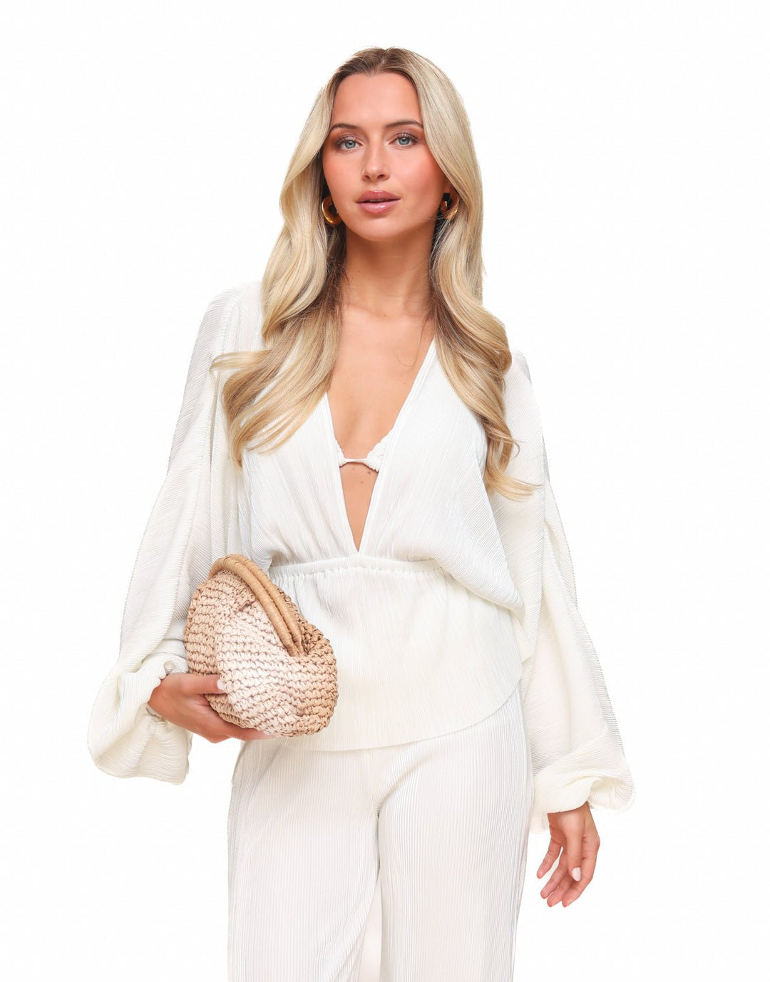 White Plisse V-neck - Top