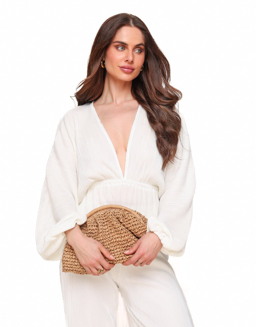 White Plisse V-neck - Top
