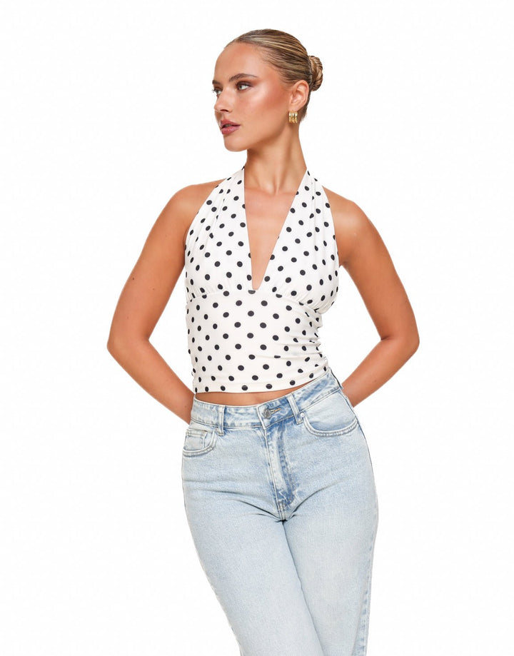 White Polka Dot Halter - Top