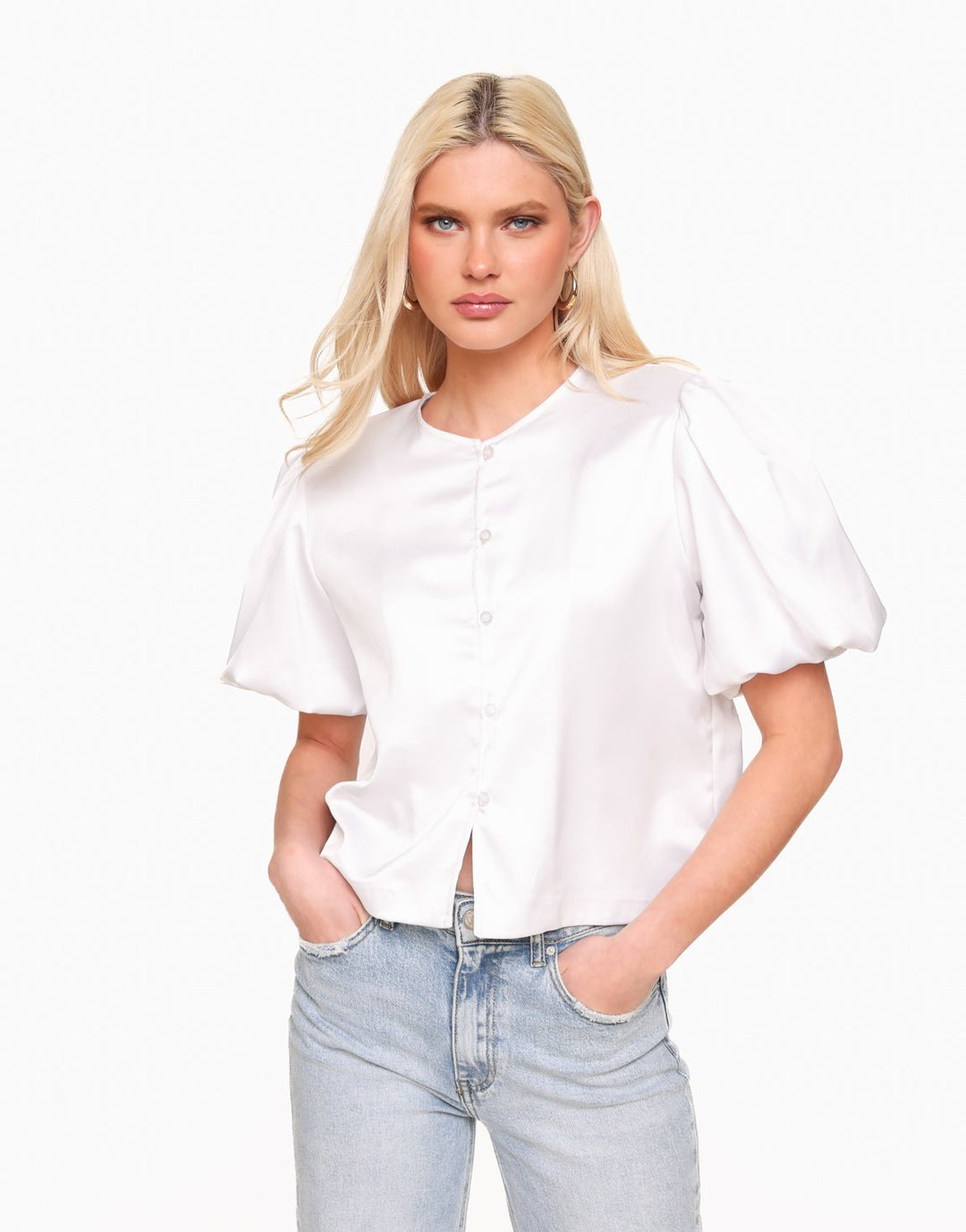 White Satin Puff Sleeves - Top