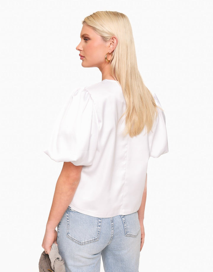 White Satin Puff Sleeves - Top